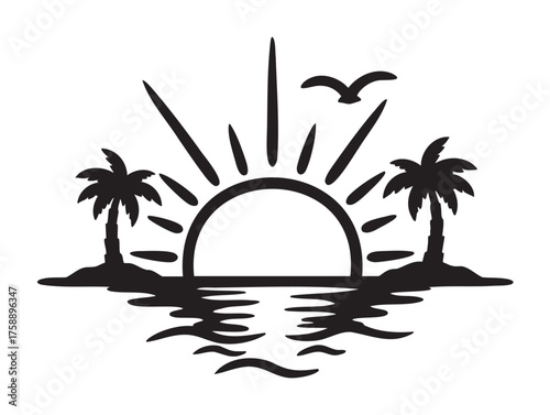 Minimalist black silhouette of a sunset over the ocean with two palm trees and a bird in the sky, symbolizing tropical serenity.