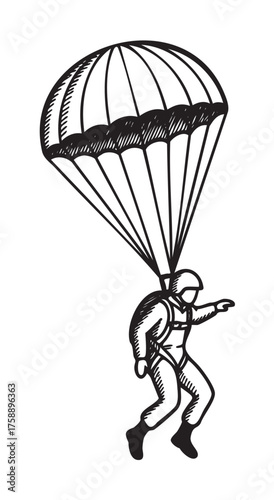Black outline drawing of a parachutist in mid-air with an open parachute, wearing a helmet and pointing forward, depicting adventure and movement.