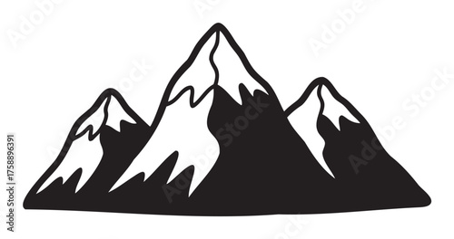 Black silhouette of three snow-capped mountain peaks in a simplistic linear design. suitable for adventure and outdoor themes.