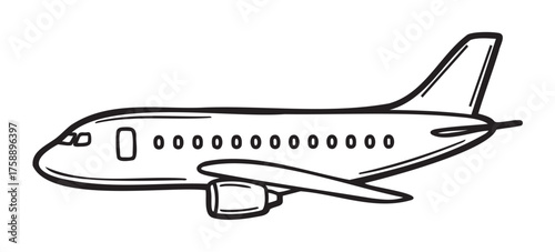Black outline drawing of a passenger airplane with a side view, highlighting its wings, windows, and tail on a plain white background.