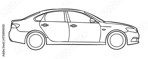 Black outline of a sleek sedan car with four doors and aerodynamic design. minimal linear drawing for automotive, transportation, and design concepts.