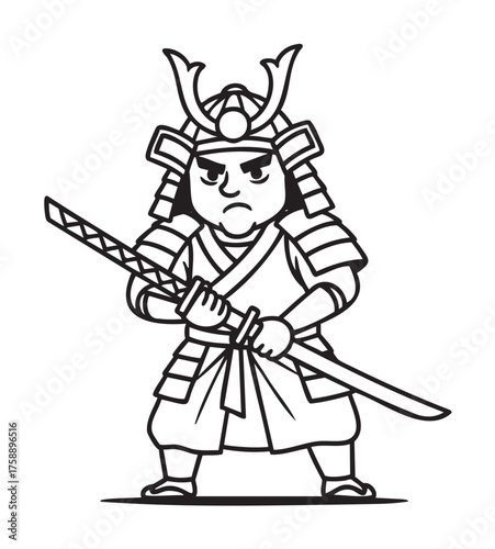 Black and white line drawing of a determined samurai warrior in traditional armor holding a katana with both hands.