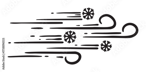Black silhouette of swirling wind with three snowflakes, depicting a brisk winter breeze.