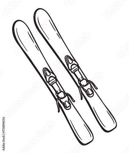 Black and white drawing of a pair of ski gear, featuring angled tops and adjustable bindings for winter sports.