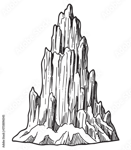 Black outline drawing of a jagged and towering rock formation with distinct vertical ridges and shaded crevices.