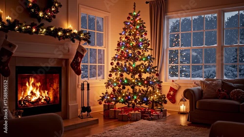 A warm living room is adorned with a festive Christmas tree, glowing lights, and stockings hung by the fireplace. Snow gently falls outside, creating a perfect holiday atmosphere.
