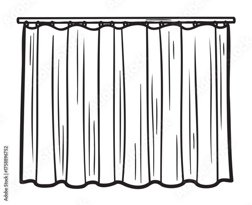 Black outline drawing of a closed, pleated shower curtain hanging from a rod. minimalist design suitable for home decor and bathroom concepts.