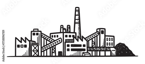 Black outline vector icon of an industrial factory complex with multiple buildings and a chimney. minimal linear illustration for manufacturing and industry concepts.
