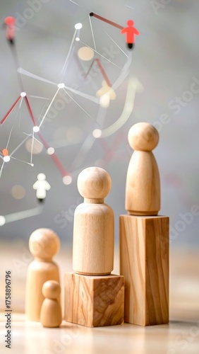 Wooden figures on podiums, abstract graphs