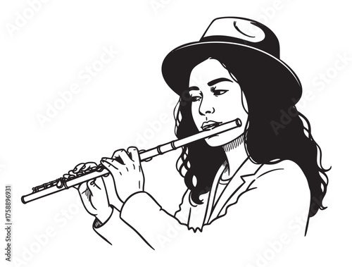 Young caucasian female playing the flute while wearing a hat, showcasing musical talent and concentration.