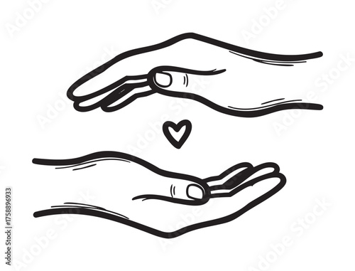 Simple black outline sketch of two hands with a small heart between them, symbolizing care, love, and connection.