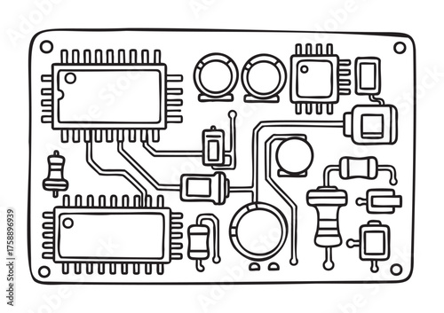 Black outline of an electronic circuit board featuring integrated circuits, capacitors, and resistors, illustrating fundamental electronic components.