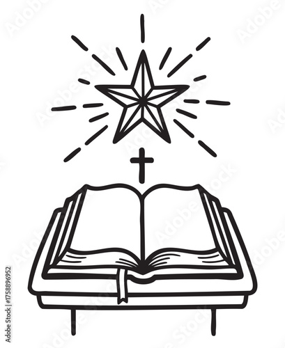 Black outline icon of an open book with pages visible, a star above it radiating lines, and a small cross beneath the star.
