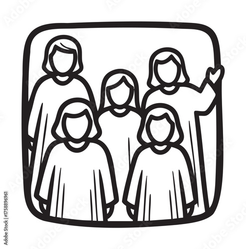 Black outline illustration of five people, male and female, standing together in robes, with one person raising an arm.