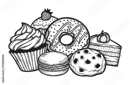 Black outline vector drawing of various desserts including a cupcake, donut, slice of cake, macaron, cookie, and pastry, each intricately detailed.