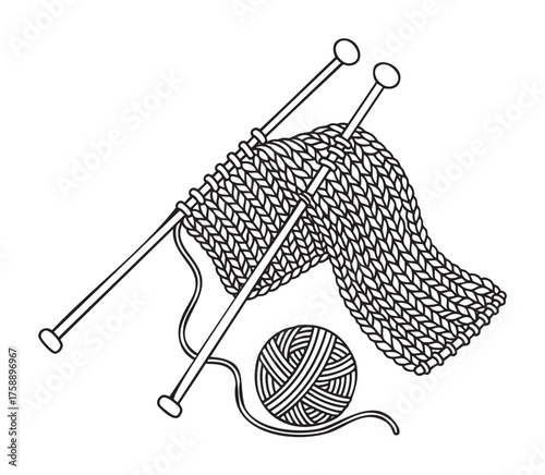 Black outline drawing of knitting needles and a partially completed knitted fabric with a ball of yarn, illustrating the concept of knitting.