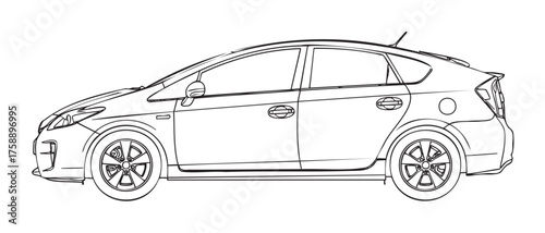 Black outline drawing of a side view of a compact hybrid car with sleek aerodynamic design, featuring visible door handles and circular hubcaps.