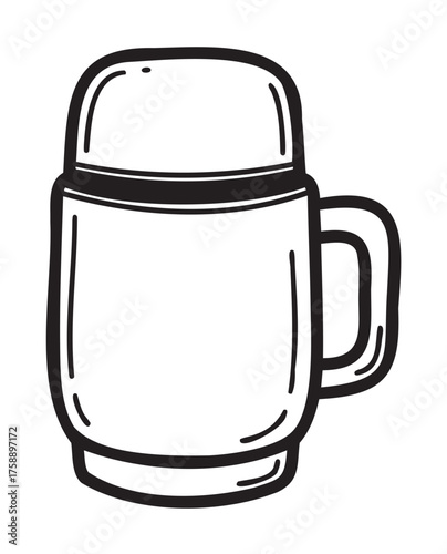 Black outline icon of a simple insulated travel mug with a handle, suitable for hot beverages.