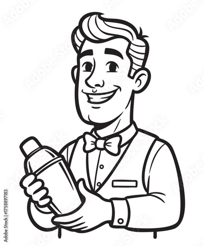 Smiling cartoon bartender holding a cocktail shaker, wearing a bow tie and vest, representing hospitality.