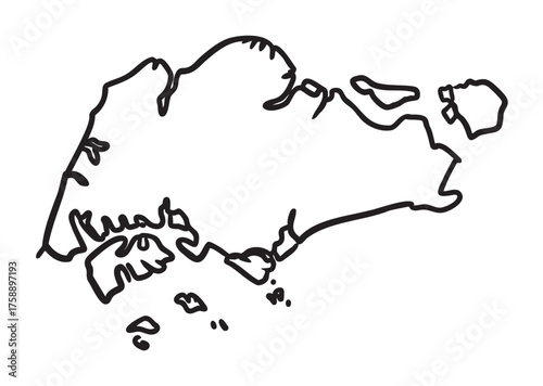 Black outline drawing of singapore and its surrounding islands, showing distinct geographical shapes in a simplistic style.