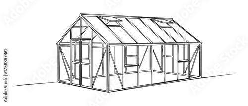 Black outline drawing of a simple rectangular greenhouse with a gabled roof and multiple windows, designed for horticultural purposes.
