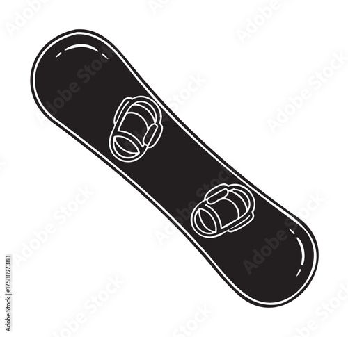Black silhouette of a snowboard with two bindings depicted in a minimalistic and linear style.