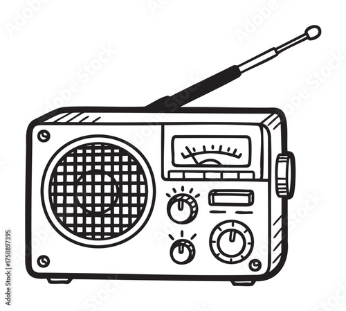 Black outline drawing of a vintage portable radio with an extended antenna, dials, and a mesh speaker grill.