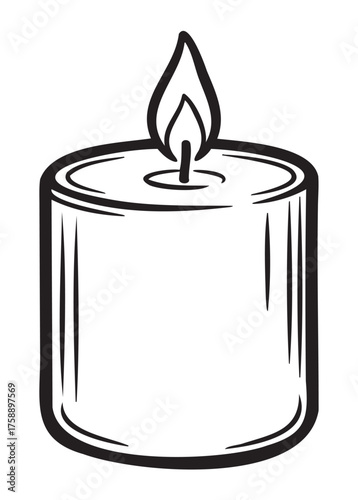 Simple black outline drawing of a cylindrical candle with a single flame, representing light and tranquility.