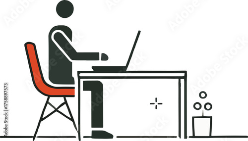 Person at desk with laptop and red chair computer working