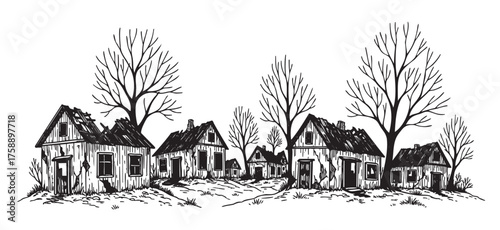 Black and white illustration of an abandoned village with several rustic houses and leafless trees, conveying a sense of desolation and decay.
