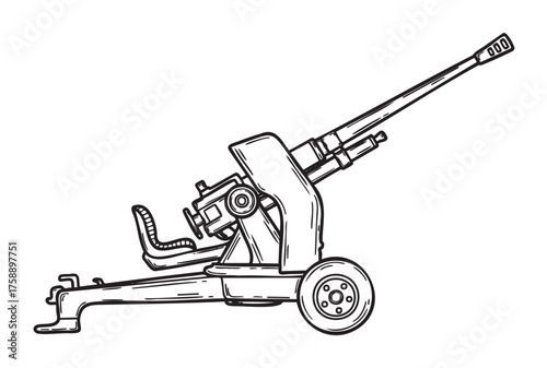 Black outline illustration of a vintage artillery cannon with wheels and a long barrel, in a side view for military and historical concepts.
