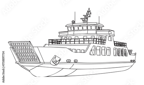 Black outline drawing of a cargo ferry boat with a ramp, focusing on detailed structure and deck features.