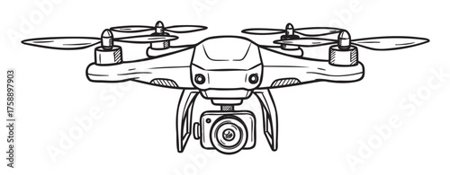 Black outline sketch of a quadcopter drone with four propellers and an attached camera, ideal for aerial photography concepts.
