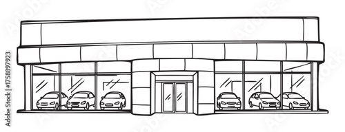 Black and white outline sketch of a car dealership storefront with multiple cars displayed behind large glass windows.