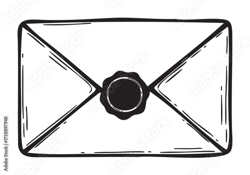 Black outline vector icon of an envelope with a vintage wax seal in the center, symbolizing traditional mail and communication.