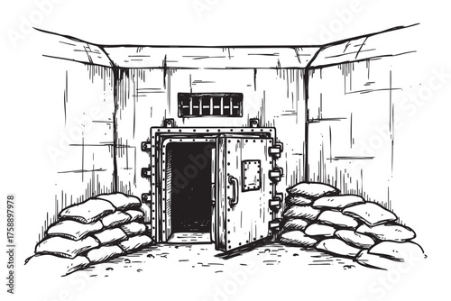 Black and white sketch of an open bunker door surrounded by sandbags within a fortified structure.