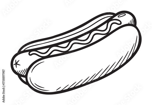 Black and white outline drawing of a classic hot dog with toppings, featuring a sausage inside a bun.