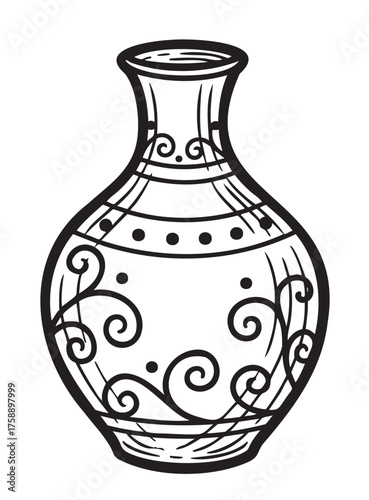 Black outline drawing of an ornate ceramic vase with intricate swirling patterns and dotted accents adorning its surface.