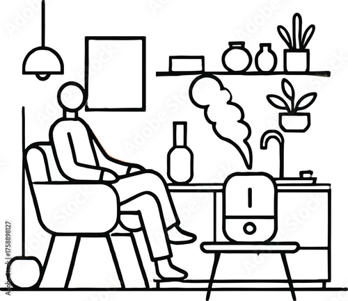 Person sitting in chair near humidifier and plants