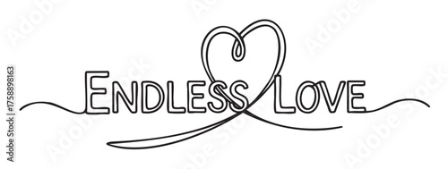 Hand-drawn black outline illustration of the words "endless love" with a heart shape forming the letters.