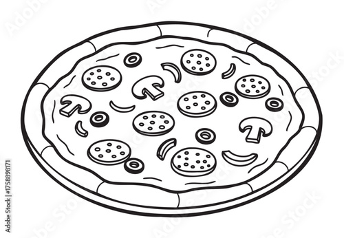 Black and white line drawing of a classic pizza with pepperoni, mushrooms, and onions on a thick crust.