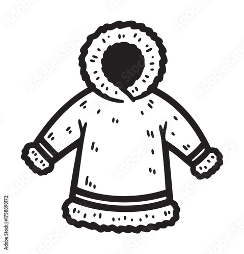 Black outline of a winter parka with a fur-lined hood and cuffs, designed for cold weather conditions.