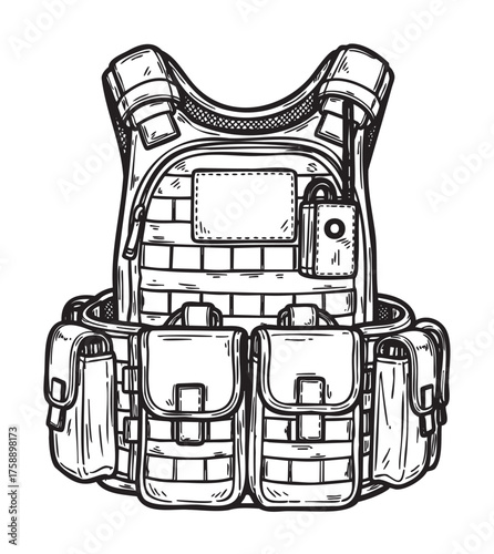 Black outline drawing of a tactical vest with multiple pockets and straps, featuring a front-mounted radio for communication.