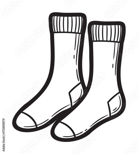 Black outline icon of a pair of simple ankle-length socks, showcasing ribbed cuffs and reinforced heels and toes.