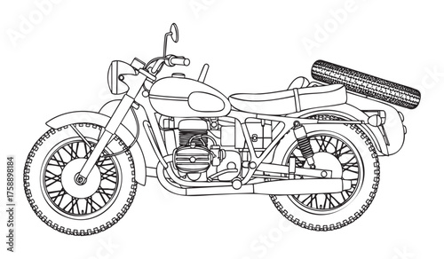 Detailed black outline of a classic motorcycle with a sidecar, showcasing intricate mechanical components and retro design elements.