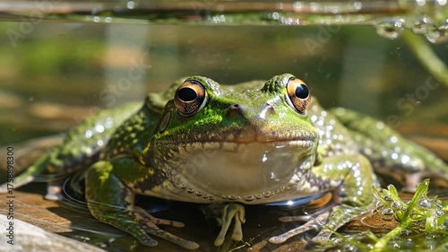 Green frog resting in water surface with natural light and detail