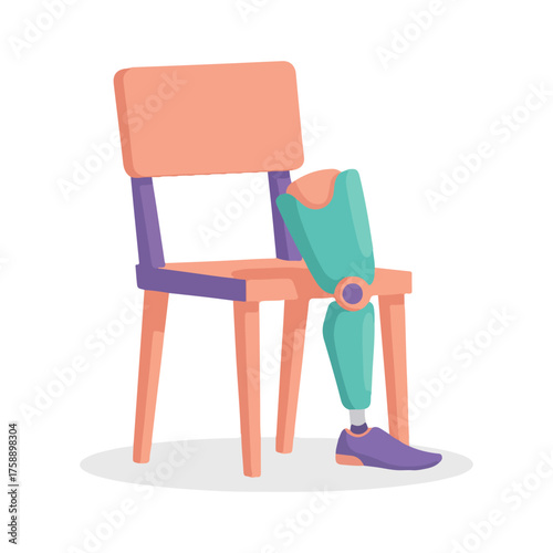 A prosthetic leg rests on a chair, showcasing medical technology and disability.