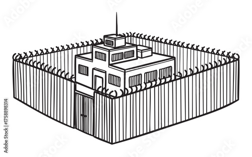 Black outline icon depicting a secure government facility with a barbed wire fence and guarded entrance.