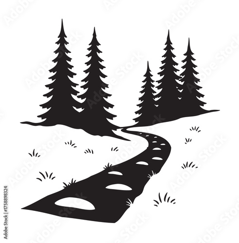 Minimalist black silhouette of a meandering path with stepping stones surrounded by tall pine trees and sparse grass.