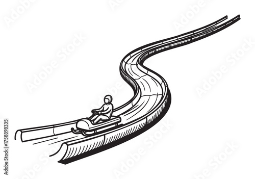 Black outline drawing of a bobsled racing down a twisting ice track, showcasing winter sports and high-speed adventure.